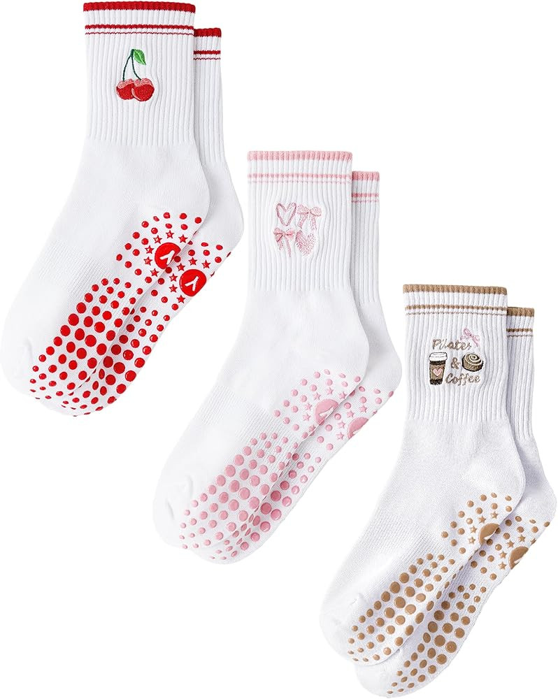 Yawlsow Pilates Grip Socks for Women Yoga Grippy Socks Cute Barre Non Skid Athletic Crew Sticky S... | Amazon (US)