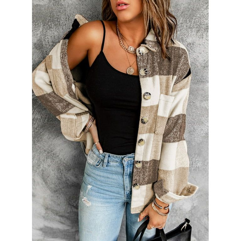Eytino Womens Plaid Shacket Flannel Shirt Jacket Button Down Long Sleeve Shirt Coat L Brown | Walmart (US)