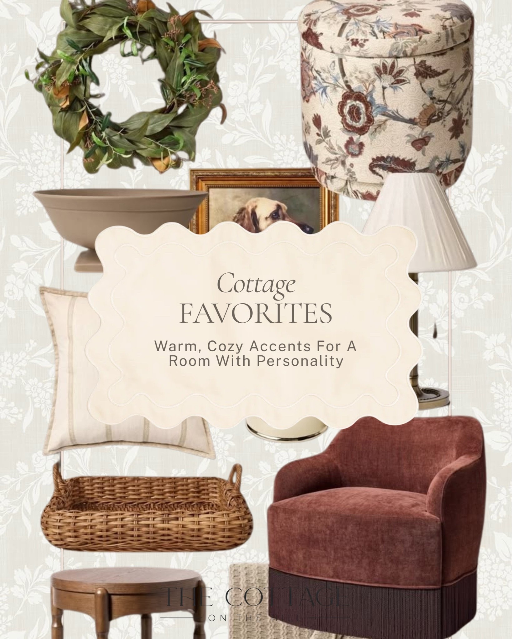 The accents that give a room its character ✨ 

A magnolia wreath, a floral storage ottoman, a mauve velvet chair, a vintage dog portrait, a striped pillow, and a woven basket that ties it all together.

All linked here 🤍

#LTKHome