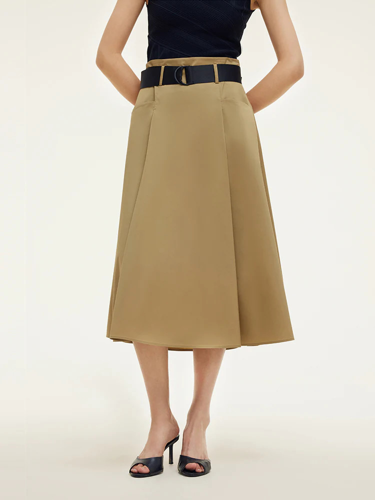 A-Line Women Pleated Midi Skirt With Belt | GOELIA