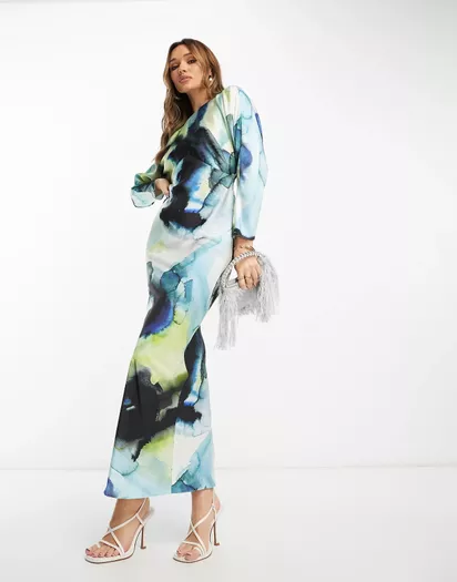 ASOS DESIGN high neck maxi dress with wrap waist and fluted