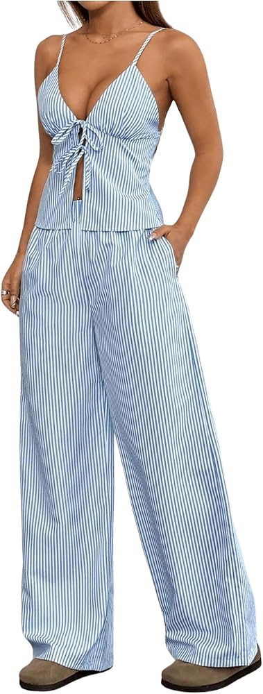 Floerns Women's 2 Piece Outfit Striped Tie Front Camisole Tops and Long Pants Set | Amazon (US)