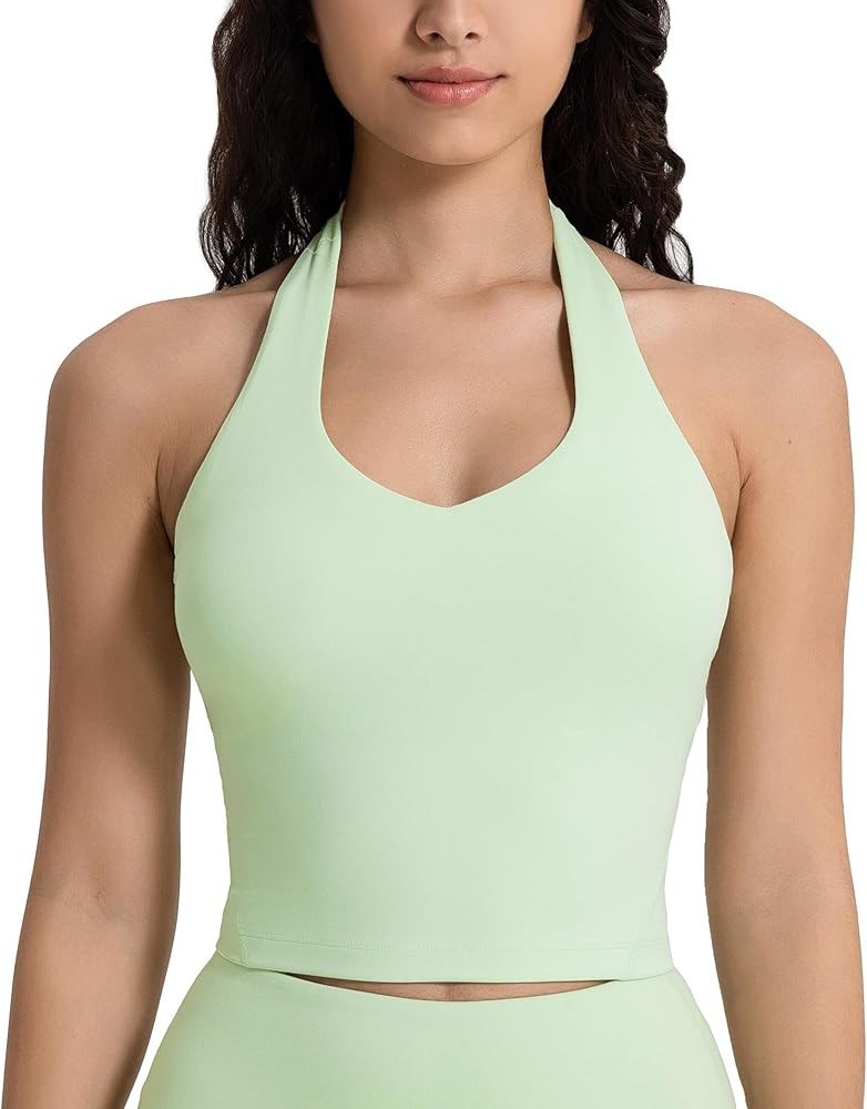 icyzone Halter Sports Bra for Women, Padded Workout Yoga V Neck Crop Tank Tops | Amazon (US)