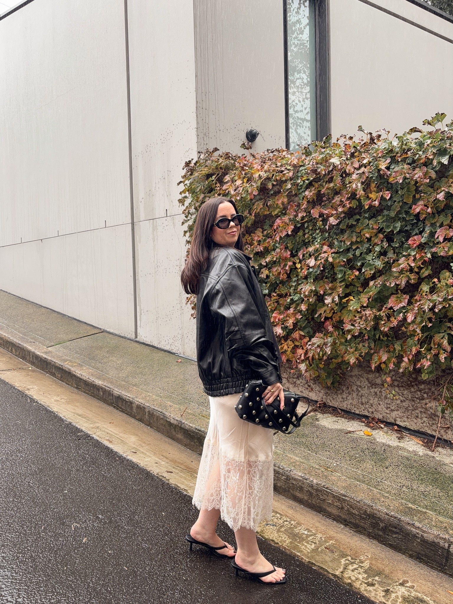 Minima Esenciales leather bomber jacket: size 14
Witchery lace trim skirt: size 12
Witchery studded bag
Nelson Made sandals

#LTKaustralia #LTKmidsize #LTKwinter