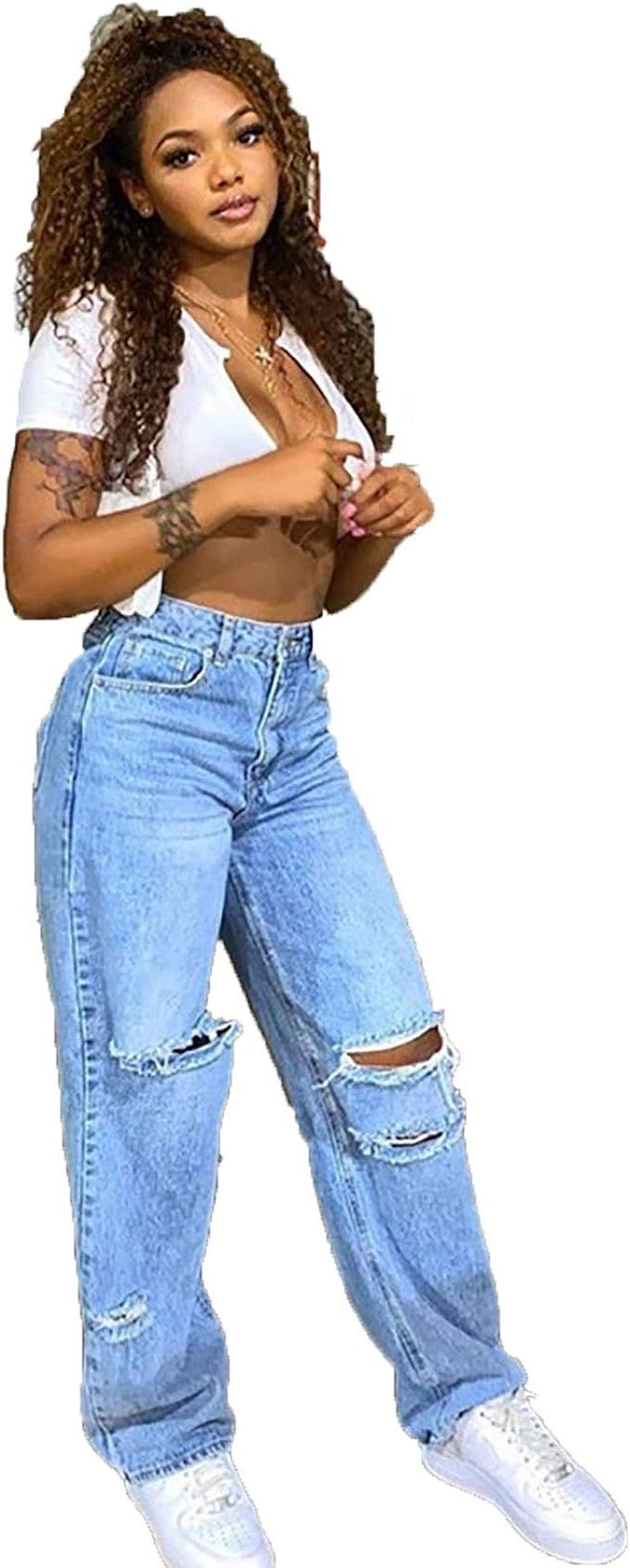 SUNBUY Butterfly High Waisted Jeans for Women Loose Wide Leg Straight Jeans Baggy Denim Pants | Amazon (US)