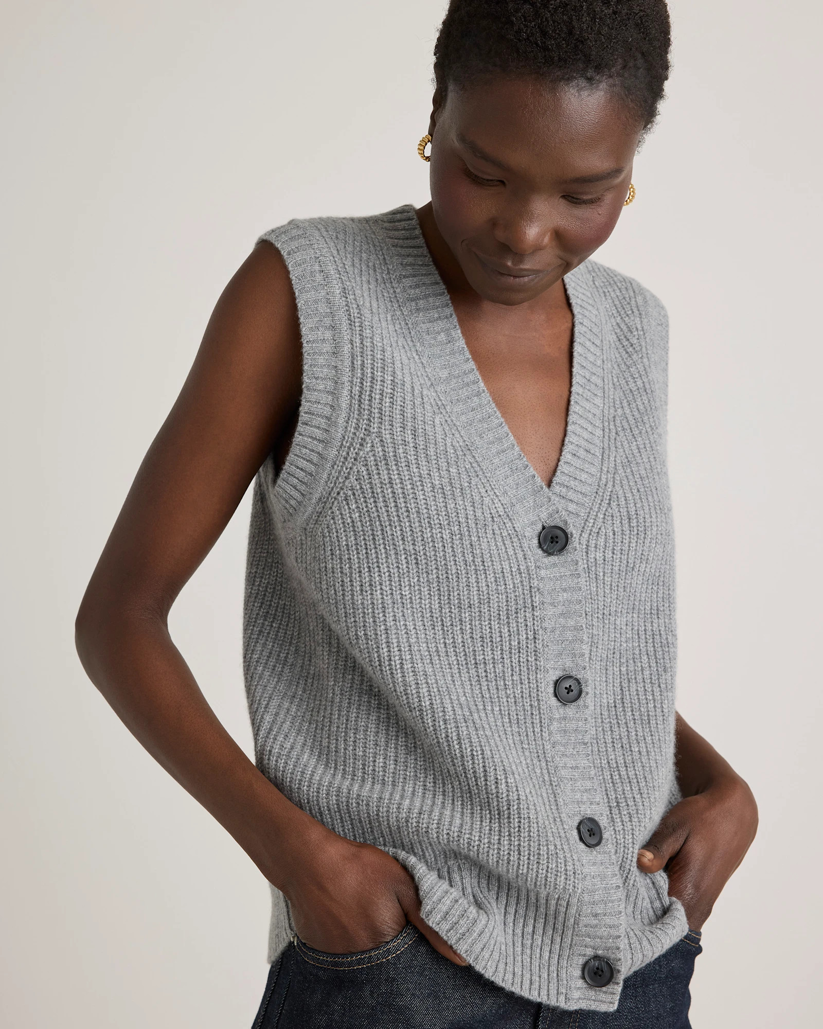 Mongolian Cashmere Fisherman Sweater Vest in Heather Grey | Quince