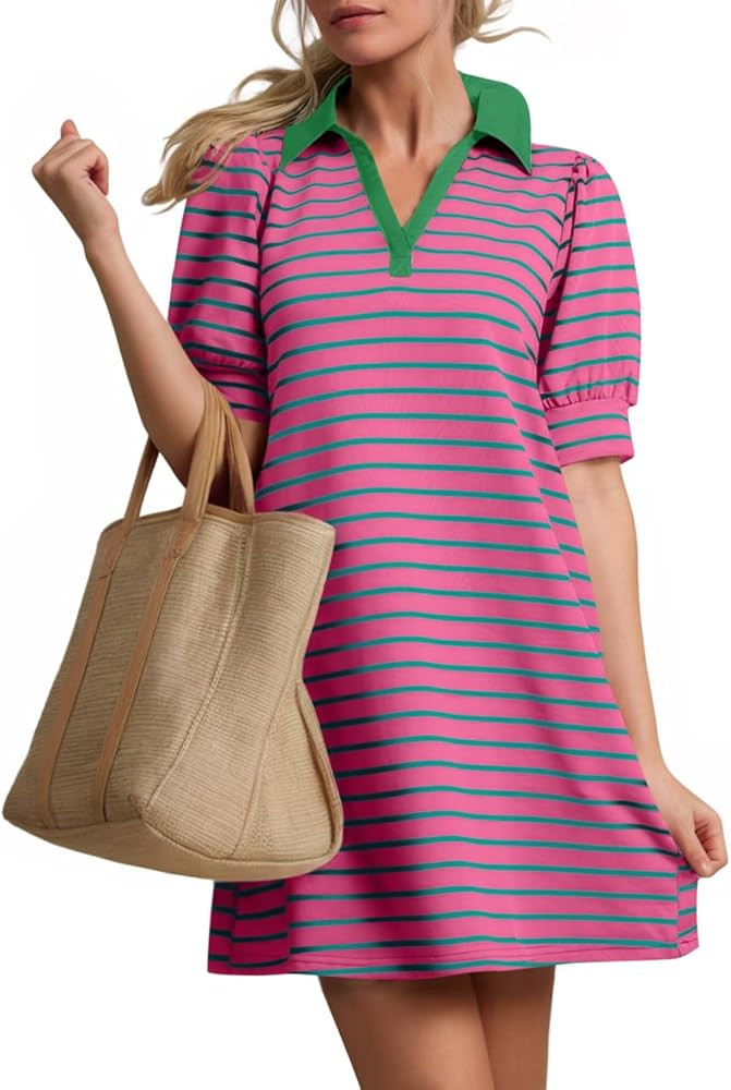 ZESICA Women's Summer Casual Striped Mini Dresses 2025 Lapel V Neck Short Sleeve Flowy A Line T S... | Amazon (US)