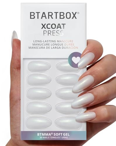 BTArtbox Press On Nails Almond - Lamp-Curable Glitter White Medium Press On Nails with Glue for Women, Semi-Transparent Soft Gel Glue On Nails in 15 Sizes - 30 Stick On Nails Kit, Disco Ball | Amazon (US)