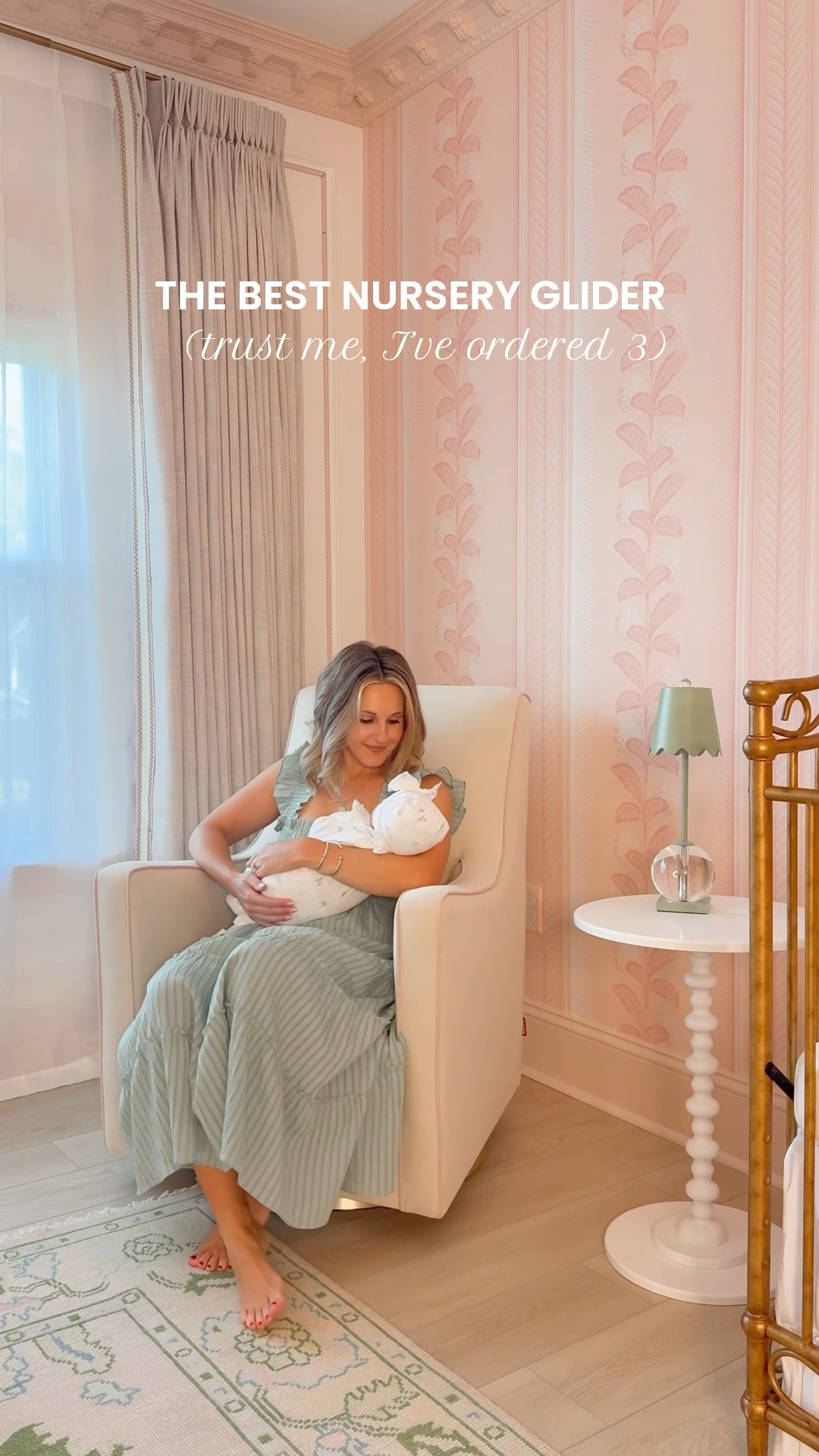 Monte Design Luca Glider 
FABRIC: Brushed Cotton-Linen BEACH
BASE: MATTE GOLD SWIVEL
piping: PETAL PINK

grandmillenial nursery
Girl nursery
Custom glider
Pink glider
Pink and green nursery
Hydrangea drape wallpaper


#LTKBaby #LTKFindsUnder50 #LTKFindsUnder100