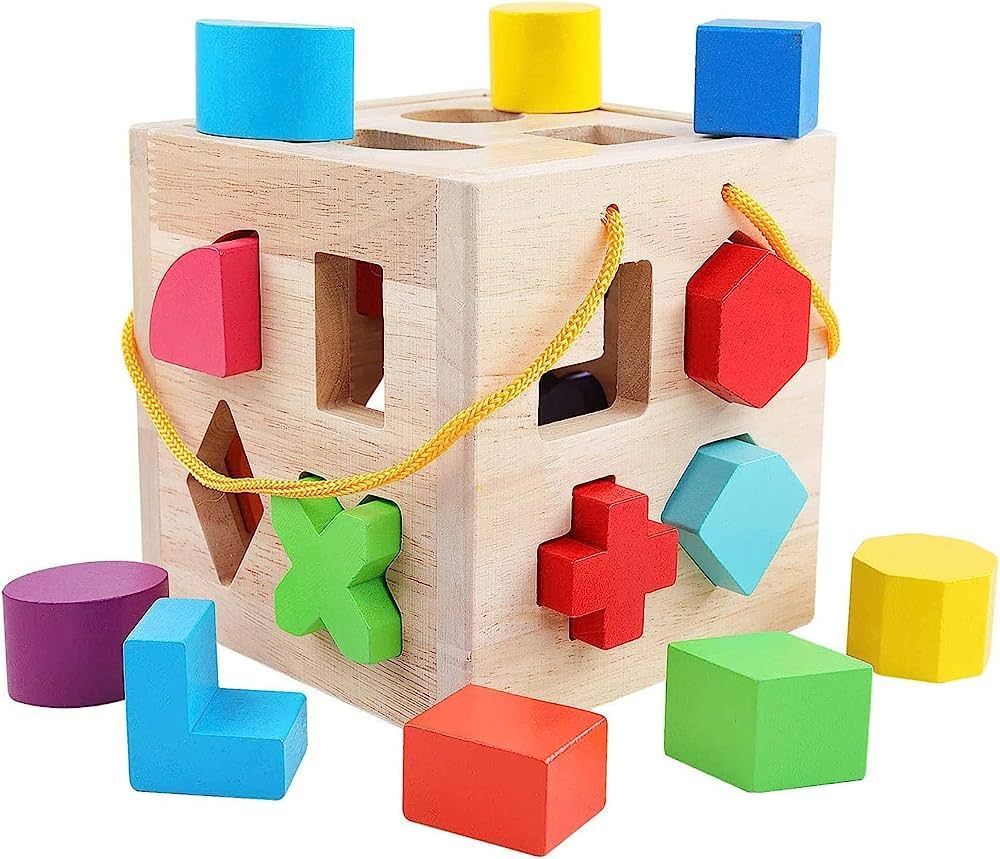 QZMTOY Shape Sorter Toys with 19 Shape Blocks,Shape Sorting Cube Toy Box Classic Wooden Toys for ... | Amazon (US)