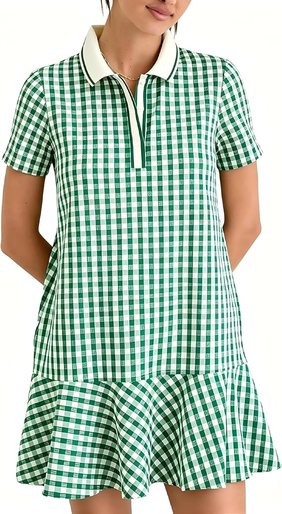 LTSCNRM Women's Gingham Polo Dress Short Sleeve V Neck Ruffle Hem Mini Dress Plaid Golf Tennis Ca... | Amazon (US)