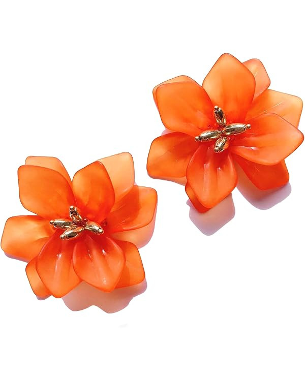 Unique Handmade Bohemian Large Matte Resin Flower Stud Earrings Dainty Elegant Acrylic Flower Pet... | Amazon (US)