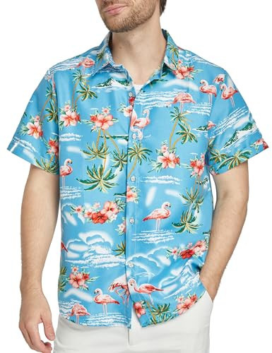 SSLR Hawaiian Shirt for Men Flamingo Short Sleeve Casual Button Down Shirts Summer Beach Shirt (Small, Blue) | Amazon (US)