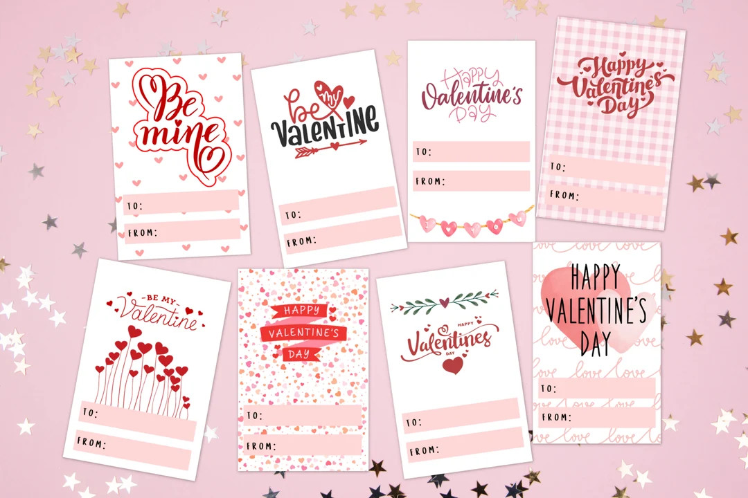Valentine's Day Cards Set of 8 Designs Instant Digital Download Print at Home - Etsy | Etsy (US)