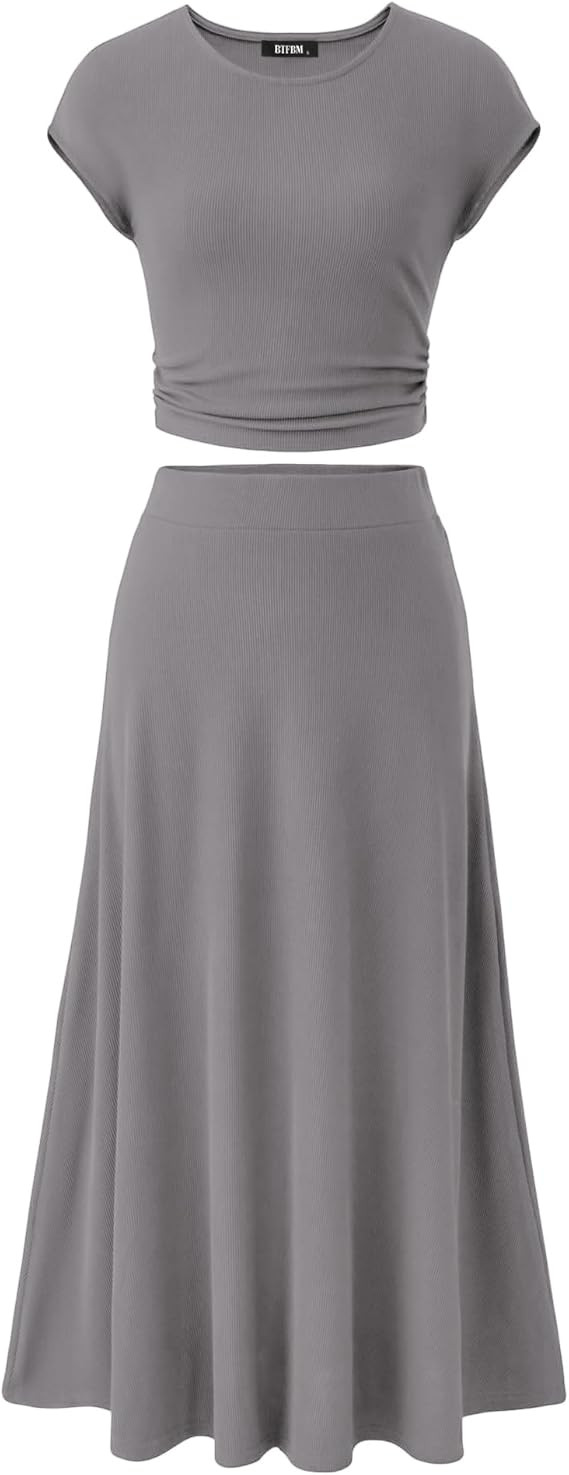 BTFBM Women Two Piece Skirt Set Summer 2025 Casual Vacation Crew Neck Short Sleeve Cropped Top El... | Amazon (US)