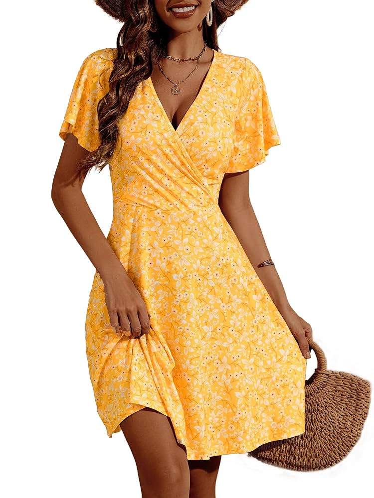 FENSACE Womens Sundress Summer Floral Short Sleeve Wrap V Neck A-Line Midi Dress | Amazon (US)