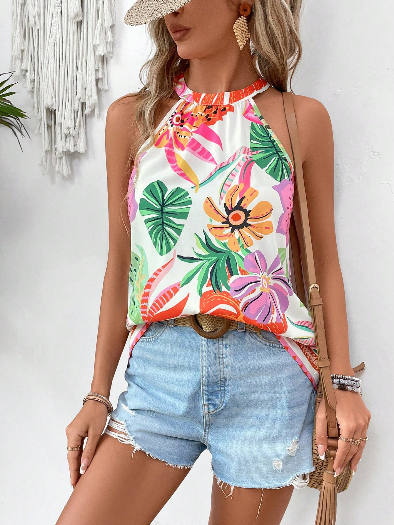 SHEIN VCAY Tropical Print Halter Neck Shirt For Summer Vacation | SHEIN