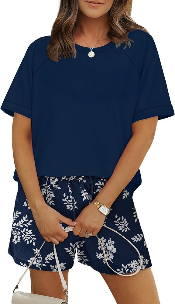 WIHOLL Two Piece Short Sets for Women Casual Summer Outfits Short Sleeve Crew Neck Lounge Matchin... | Amazon (US)