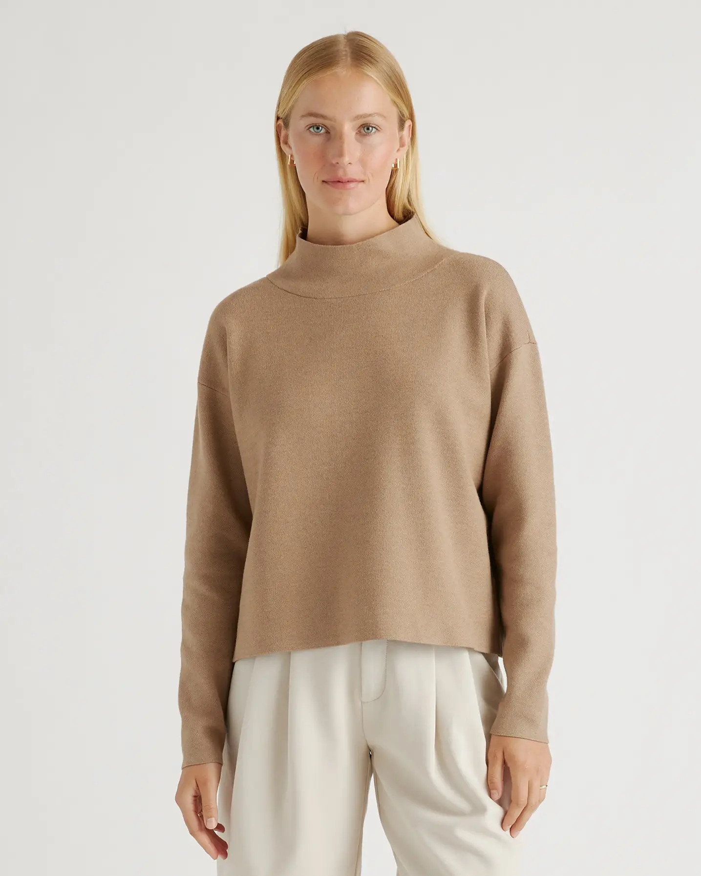 Eco-Knit Milano Stitch Mock Neck Pullover in Warm Taupe | Quince