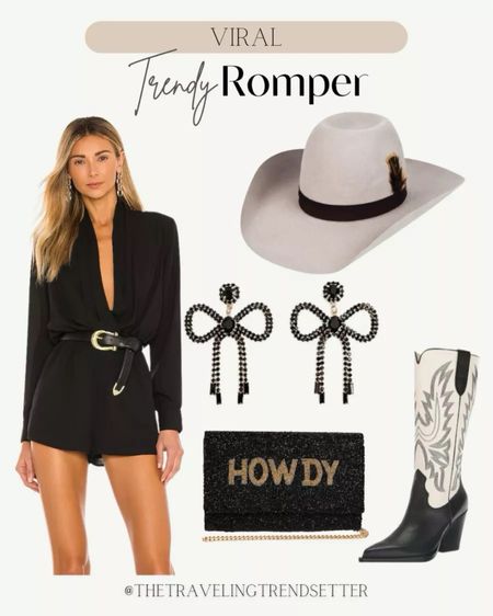 Viral black romper from Revolve and how to style it western chic! Perfect for a rodeo outift, Nashville outfit, or country concert outfit! Love it paired with black tall cowgirl boots, a cowboy hat, bow earrings, and a cute black handbag!
4/25

#LTKparties #LTKFestival #LTKstyletip