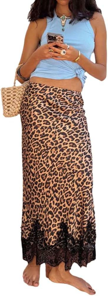 Women's Fall Leopard Print Lace Panel Maxi Skirt Sexy Elegant Outing Vacation Long Skirt | Amazon (US)