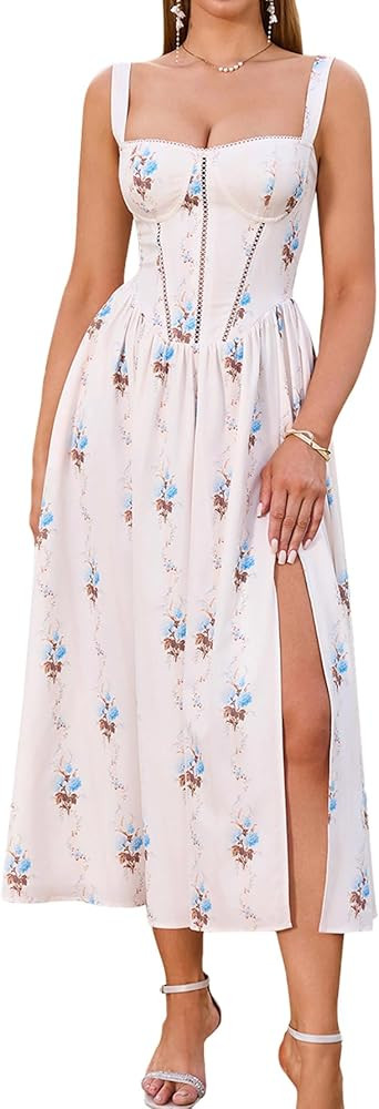 KUTUMAI Floral Corset Midi Dress Flowy Slit Summer Spring Wedding Guest Dresses for Women Sundres... | Amazon (US)