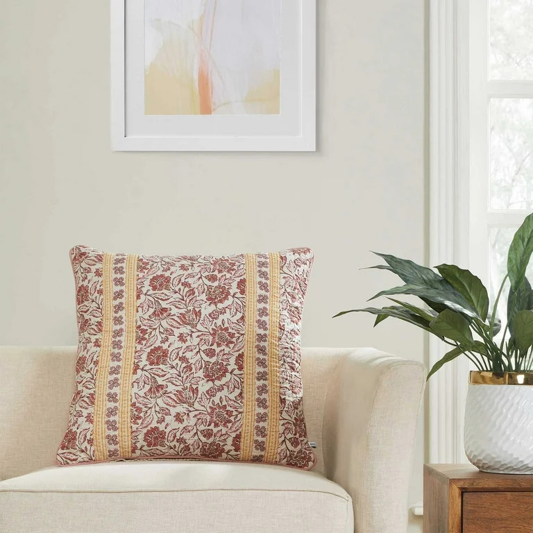 Better Homes & Gardens 20" x 20" Burgundy Red Block Print Floral Reversible Cotton Decorative Pil... | Walmart (US)