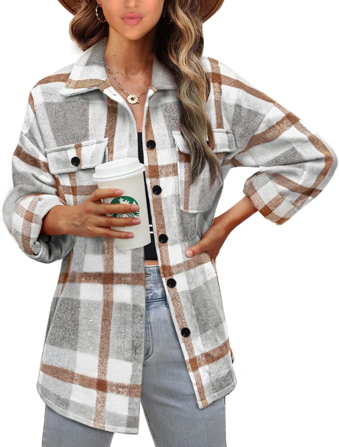 Women's Flannel Plaid Shirts Long Sleeve Button Down Chest Pocketed Shirt Blouses Tops Shacket 60... | Amazon (US)