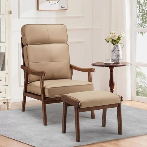 HOMREST Accent Chair, Mid-Century Modern Chair with Ottoman, Upholstered Lounge Arm Chair with Solid Wood Frame and Soft Cushion, Ideal for Living Room, Bedroom, Balcony (Brown) | Amazon (US)