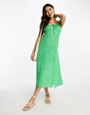 Monki strappy midi dress with split in green ditsy | ASOS (Global)