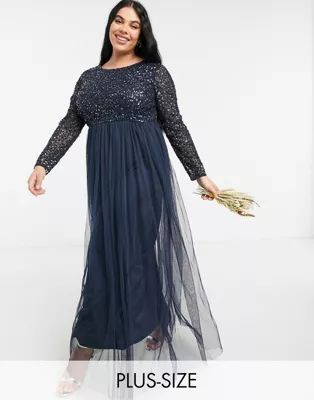 Maya Plus Bridesmaid long sleeve maxi tulle dress with tonal delicate sequins in navy | ASOS (Global)