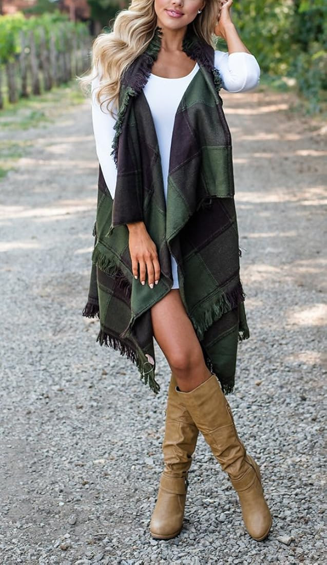 Inorin Womens Sleeveless Plaid Asymmetrical Hem Tassel Drape Open Front Cardigan Vest | Amazon (US)