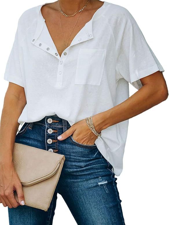 luvamia Women Casual Short Sleeve Henley Shirt Summer Basic Button Up Top Blouse | Amazon (US)