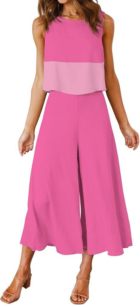ROYLAMP Women's Summer 2 Piece Outfits Round Neck Crop Basic Top Cropped Wide Leg Pants Set Jumps... | Amazon (US)