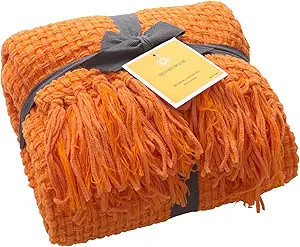 Super Soft Throw, Decorative Woven Plaid Pattern Throw Blanket with Tassels, 50x60, Orange | Amazon (US)