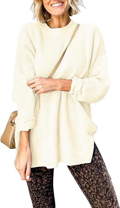 Quenteen Womens Mock Neck Pullover Sweaters Long Sleeve Side Split Waffle Knit Tops | Amazon (US)