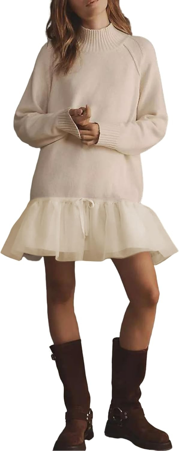 Yeokou Women Twofer Sweater Dress, Mock Neck Ribbed Knit Long Sleeve Tulle Ruffle Mini Dress with Lace Skirt | Amazon (US)