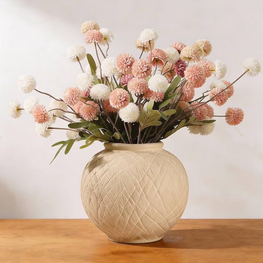 Carved Rustic Farmhouse Vase Home Decor - 6 in Ceramic Boho Decorative Vase for Decor, Round Clay... | Amazon (US)