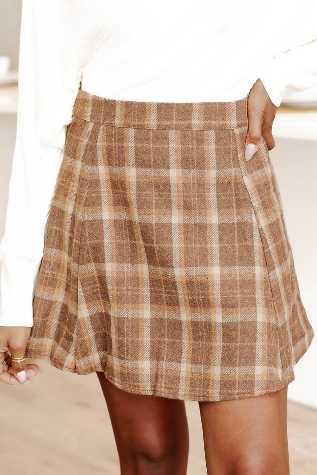 Keep A Good Thing Brown Plaid Skater Skirt | Pink Lily