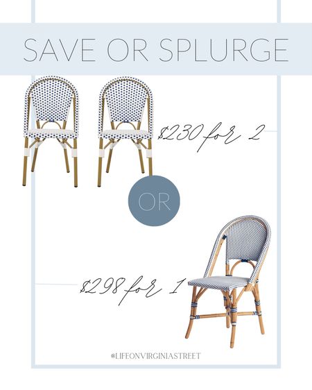 Save or splurge! Serena and lily inspired dining chairs for way less! Love both of these! Grab the look-a-like dining chair as a pair for cheaper than 1 of the designer chairs.

dining chairs, coastal chairs, coastal home, coastal decor, coastal furniture, coastal finds, coastal kitchen, beach house decor, save vs splurge, save or splurge, designer inspired, designer looks for less, serena and lily, amazon finds, amazon furniture 

#LTKstyletip #LTKFind #LTKhome