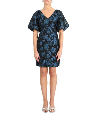 Floral Print Jacquard V-Neck Puff Sleeve Sheath Dress | Dillard's