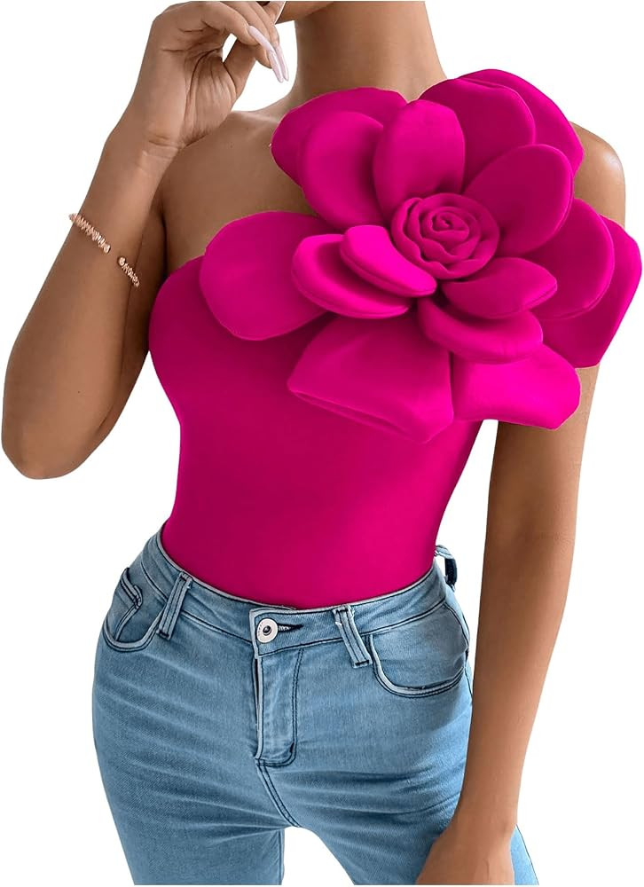 SHENHE Women's 3D Flower Top One Shoulder Sleeveless Slim Fit Elegant Rosette Top Blouse | Amazon (US)