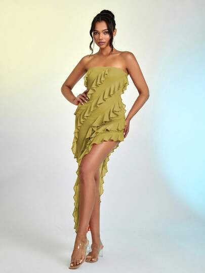 Ruffle Trim Asymmetrical Hem Tube Dress | SHEIN