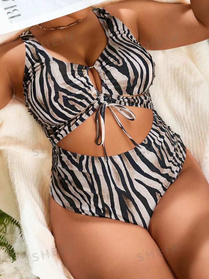 SHEIN Swim Curve Plus Size Women's Hollow Out Zebra Stripe One-Piece Swimsuit | SHEIN