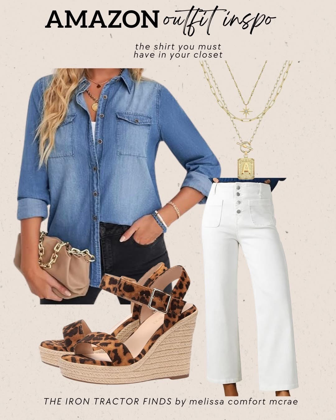 Amazon outfit inspo you’ll wear on repeat 👖✨

That perfect denim button-down, flattering white jeans, leopard wedges, and layered gold jewelry = effortless everyday chic. Easy to dress up or down and works for errands, lunch dates, and mom life on the go.
#outfit #outfitinspo #momstyle #momfashion

#LTKOver40 #LTKSaleAlert #LTKootd