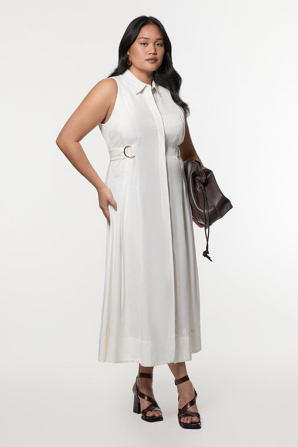 Plus Size Premium Viscose Linen Topstitch Halter Neck Woven Midi Dress With D Ring Detail | Karen Millen UK + IE + DE + NL