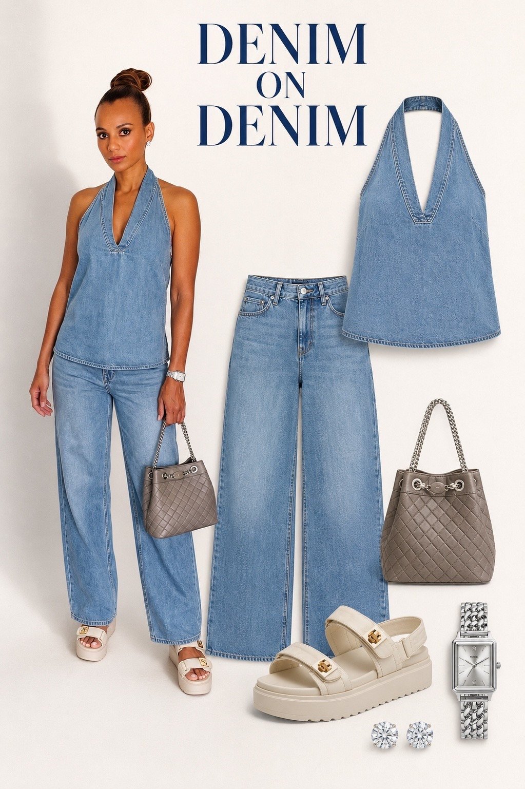 Denim on denim, but make it chic 💙 This halter top and wide-leg jeans create the perfect matching look for brunch, shopping, or a casual day out. Styled with platform sandals, a quilted bag, and silver accessories. Everything is linked! ✨

#LTKStyle #DenimOnDenim #DenimStyle #MatchingSet #CasualChic #AmazonFashion