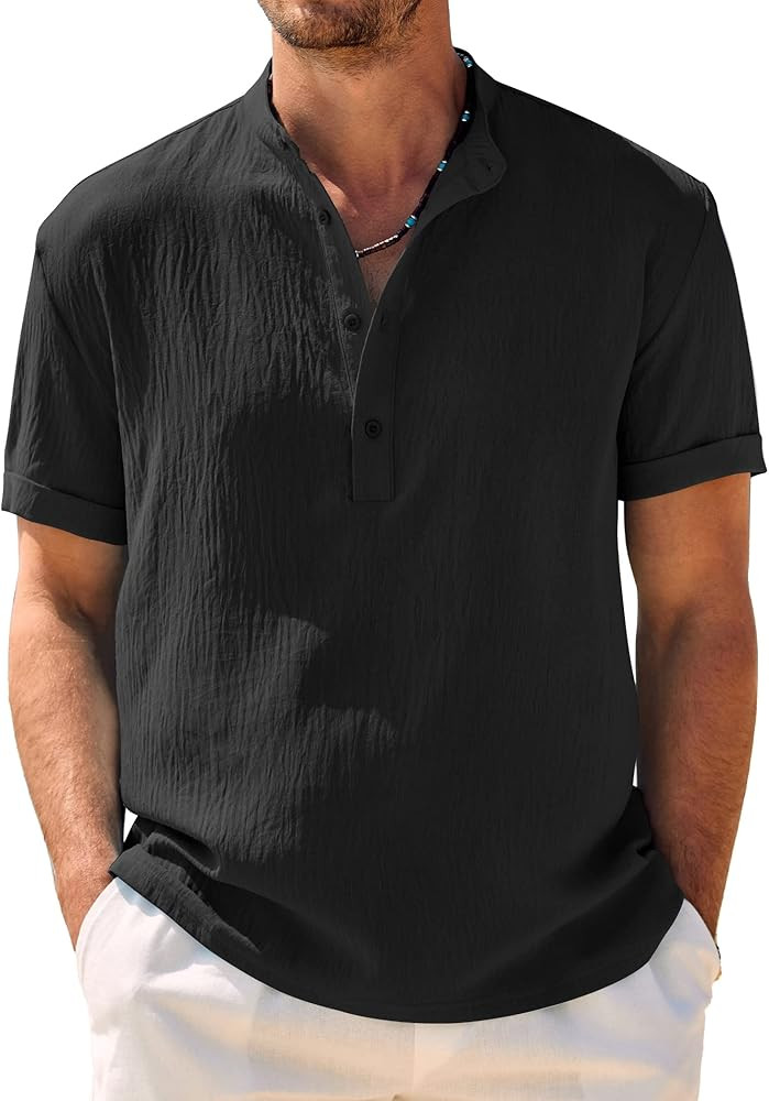 COOFANDY Men's Casual Henley Shirt Band Collar Short Sleeve Shirt Summer Beach Hippie Shirt | Amazon (US)