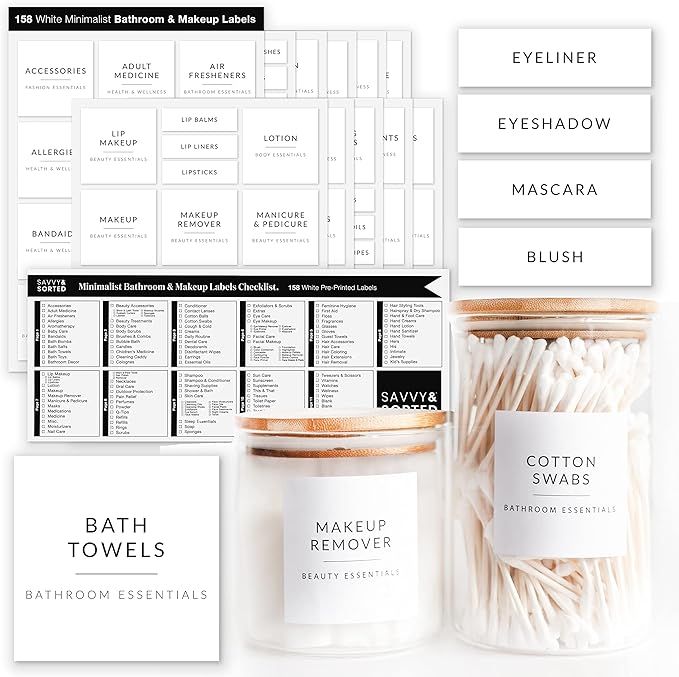 SAVVY & SORTED Bathroom Labels for Organizing | 158 White Bathroom Labels for Containers | Labels... | Amazon (US)