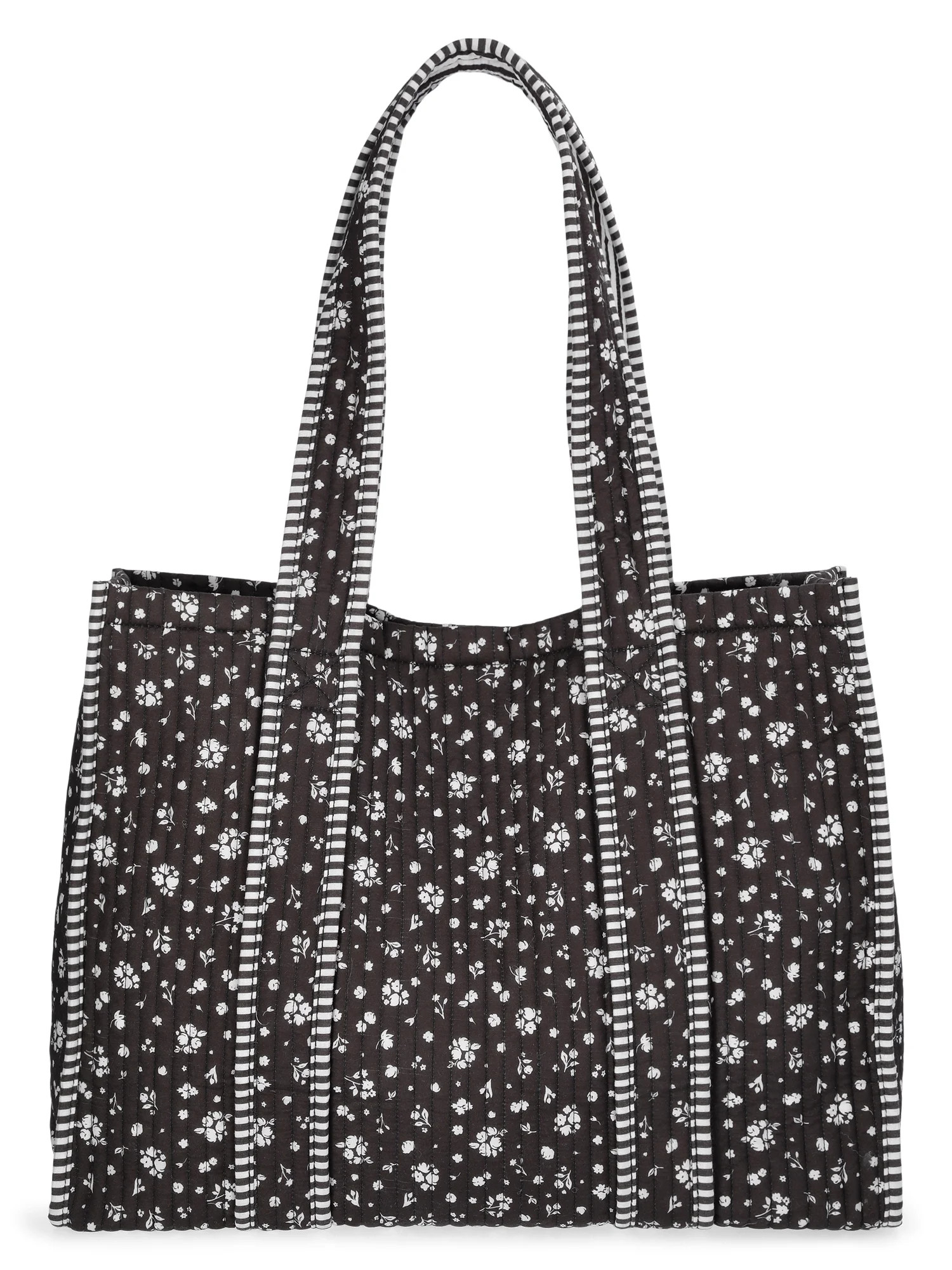 No Boundaries Women's Quilted Tote Bag, Black Ditsy/Stripe | Walmart (US)